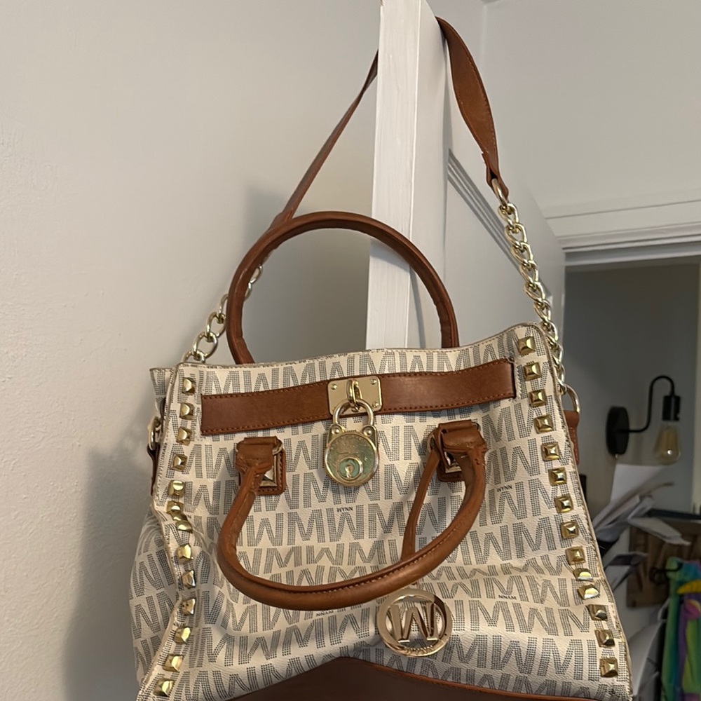 Elegant Cream and Brown Satchel with Gold Details